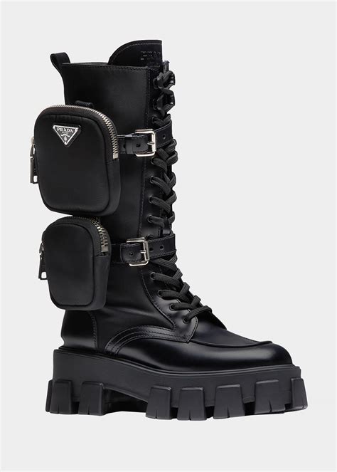 prada logo riding boots black|Prada black chunky combat boots.